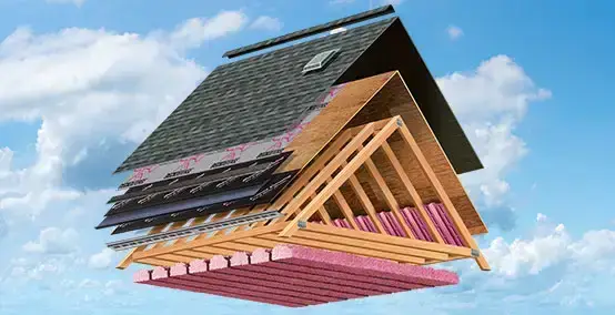 exploded view of a complete roofing system with shingles, underlayment, sheathing, rafters, insulation, and decking by expert ct roofing company