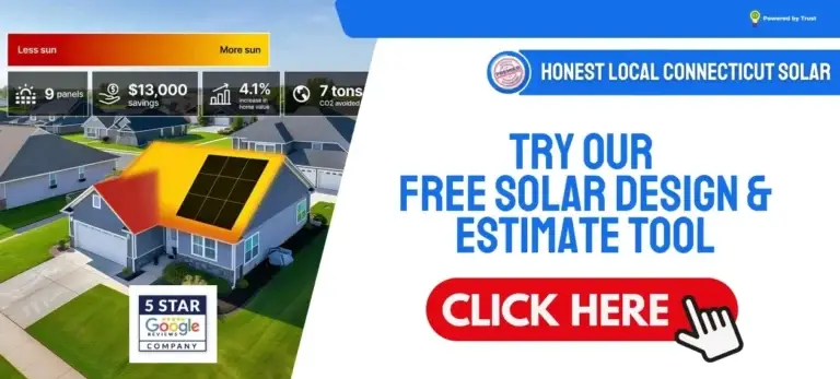 Premier Improvements Solar free solar design and estimate tool promotion for Connecticut homeowners, showcasing potential savings of $13,000 and a 4.1% increase in home value from rooftop solar panel installation. Trusted local 5-star solar company in Connecticut.